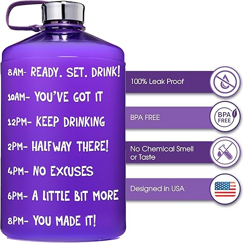 Miniatura 4 de Natureworks HydroMATE botella de agua con frases motivacionales de 1 galón con marcas con horarios, contenedor grande sin BPA con popote y asa,