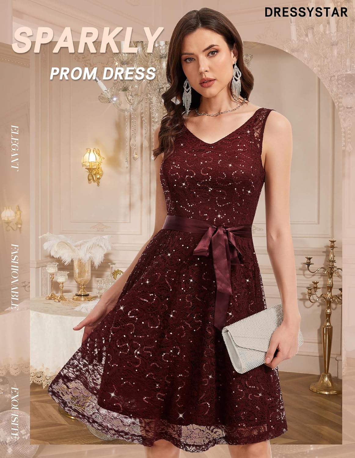 Dressystar 2026 Women's Sequin Lace Floral Wedding Guest Prom Dress Sparkly V Neck Sleeveless A Line Cocktail Party Dresses - Image 3