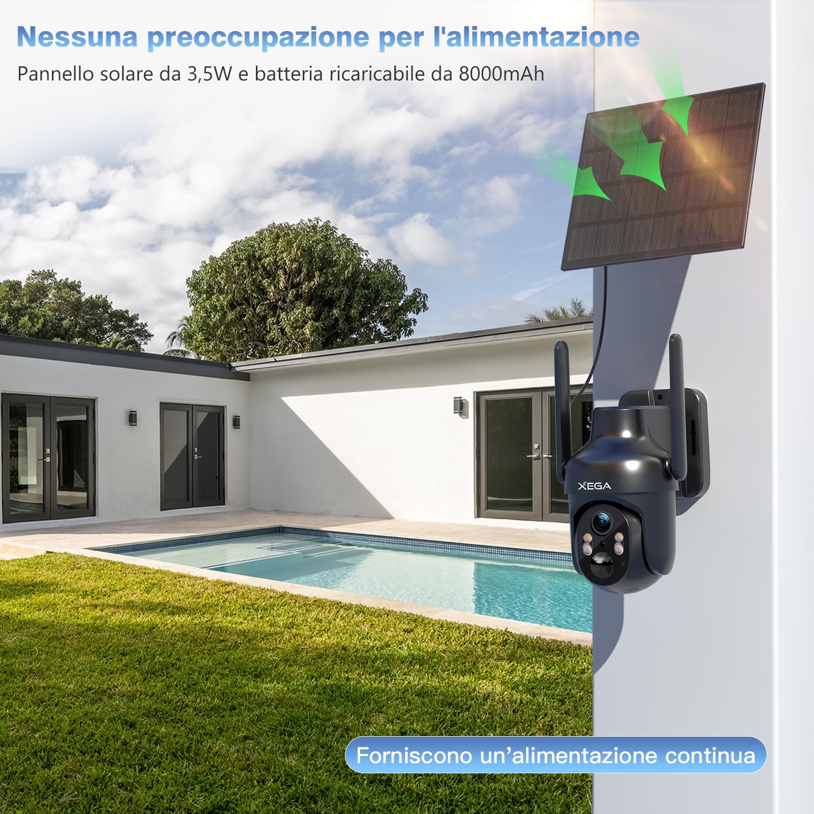 Xega Wi-Fi Telecamera Solare Esterno Senza Fili, HD PTZ Telecamere Solare | 5200mAh Batterie,Visione Notturna a Colori,Rilevamento Umano PIR,Audio a 2 Vie,IP66,TF/Cloud,2,4GHz