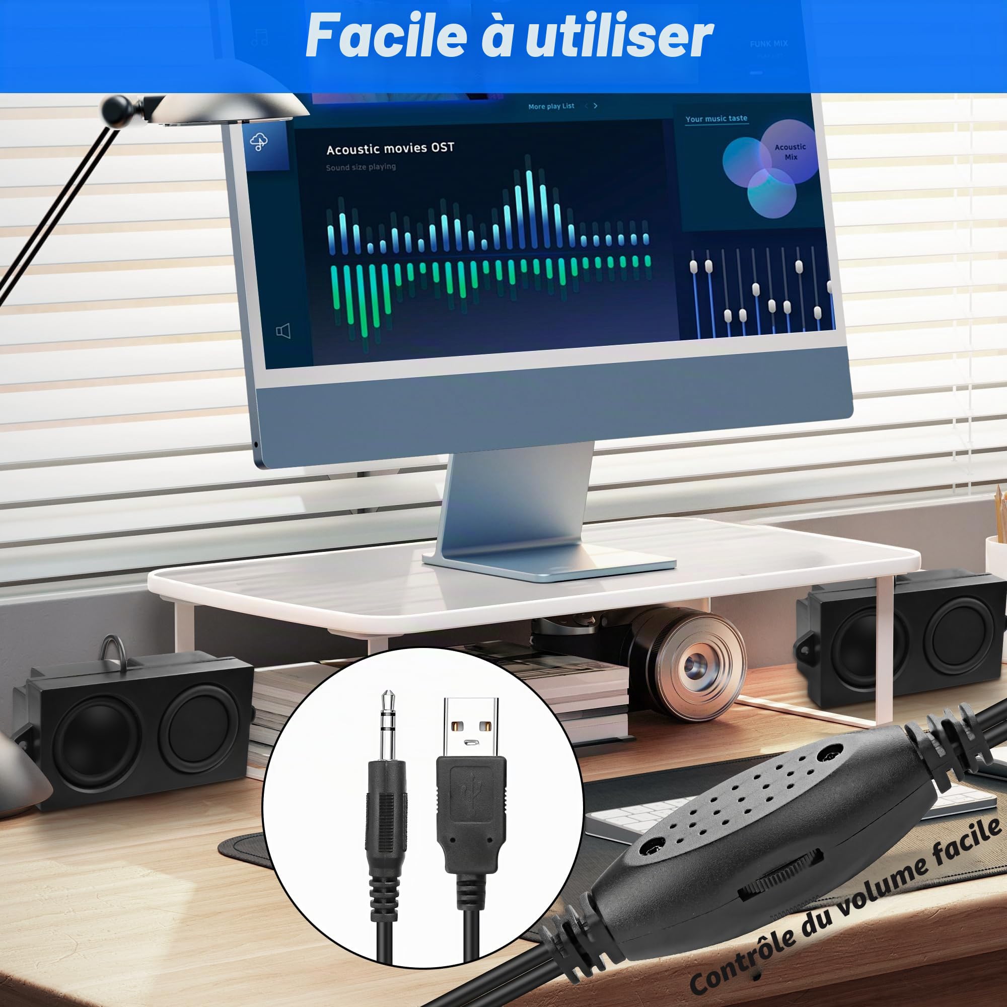 MEIRIYFA Haut-parleurs d'ordinateur USB pour PC portable, mini PC, entrée AUX 3,5 mm, contrôle du volume, stéréo HiFi, noir, 1,2 m