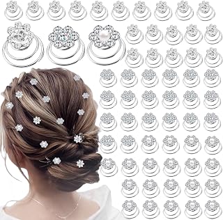 60 PCS 3 Shapes Gems Rhinestone Twister Hair Studs Set Diamond Spiral Pearl Flower Jewels Hair Pins Sticks for Wedding, Bridal, Prom, Party and Special Occasion(Flower Series)