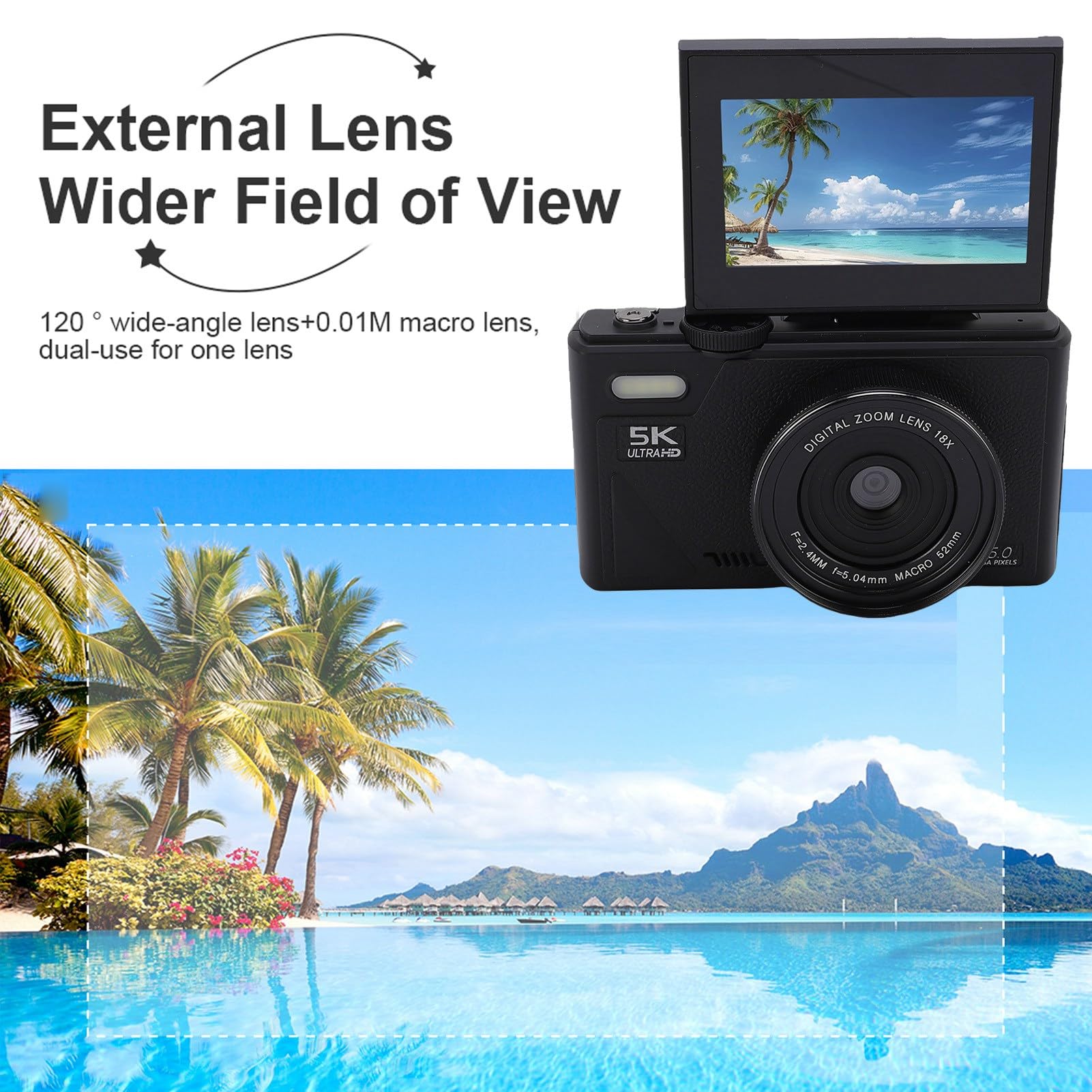 Caméra Numérique 5K, Caméra vlog WiFi UHD 75MP pour Youtube, Caméscope Numérique Portable pour la Photographie, écran Flip 3in 180 °, Zoom 18x, Automatique, avec Carte Mémoire (Black)
