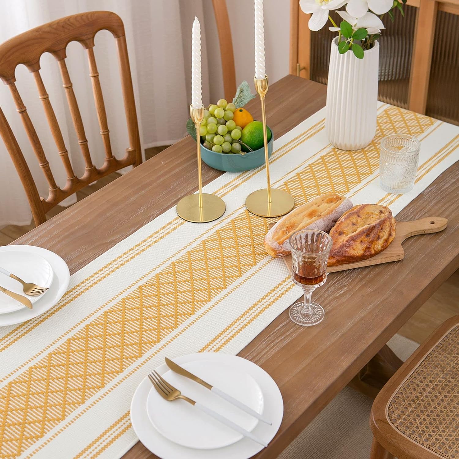 Boho Table Runner 14 x 72 Inches Farmhouse Style Table Runners with Yellow & White Woven Hand-Tassels for Wedding Party, Dresser Decor and Dining Room Decorations（Yellow）