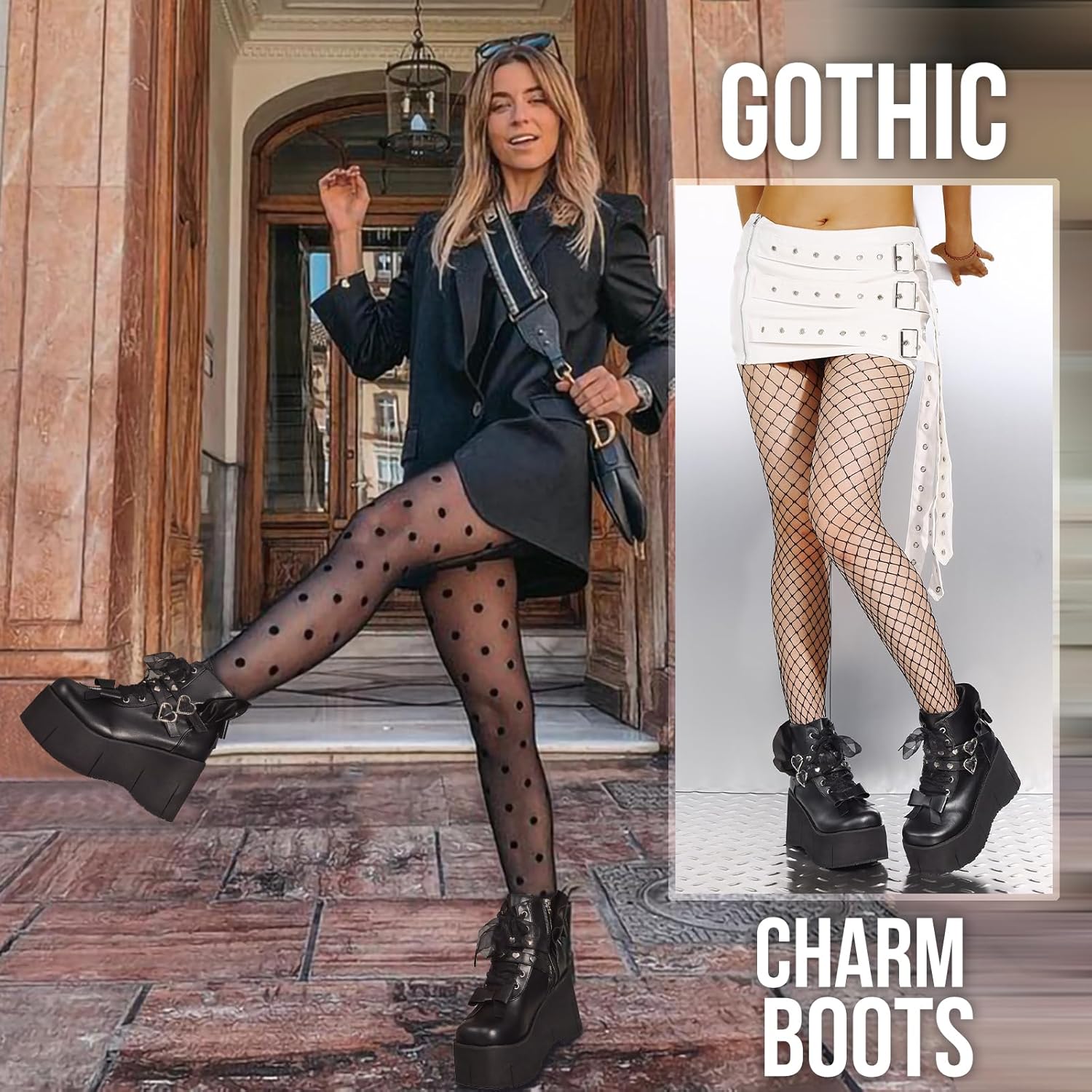 Tscoyuki Platform Ankle Boots for Women Chunky High Heel Booties Goth Round Toe Combat Boots Women Lace Up Motorcycle Wedges