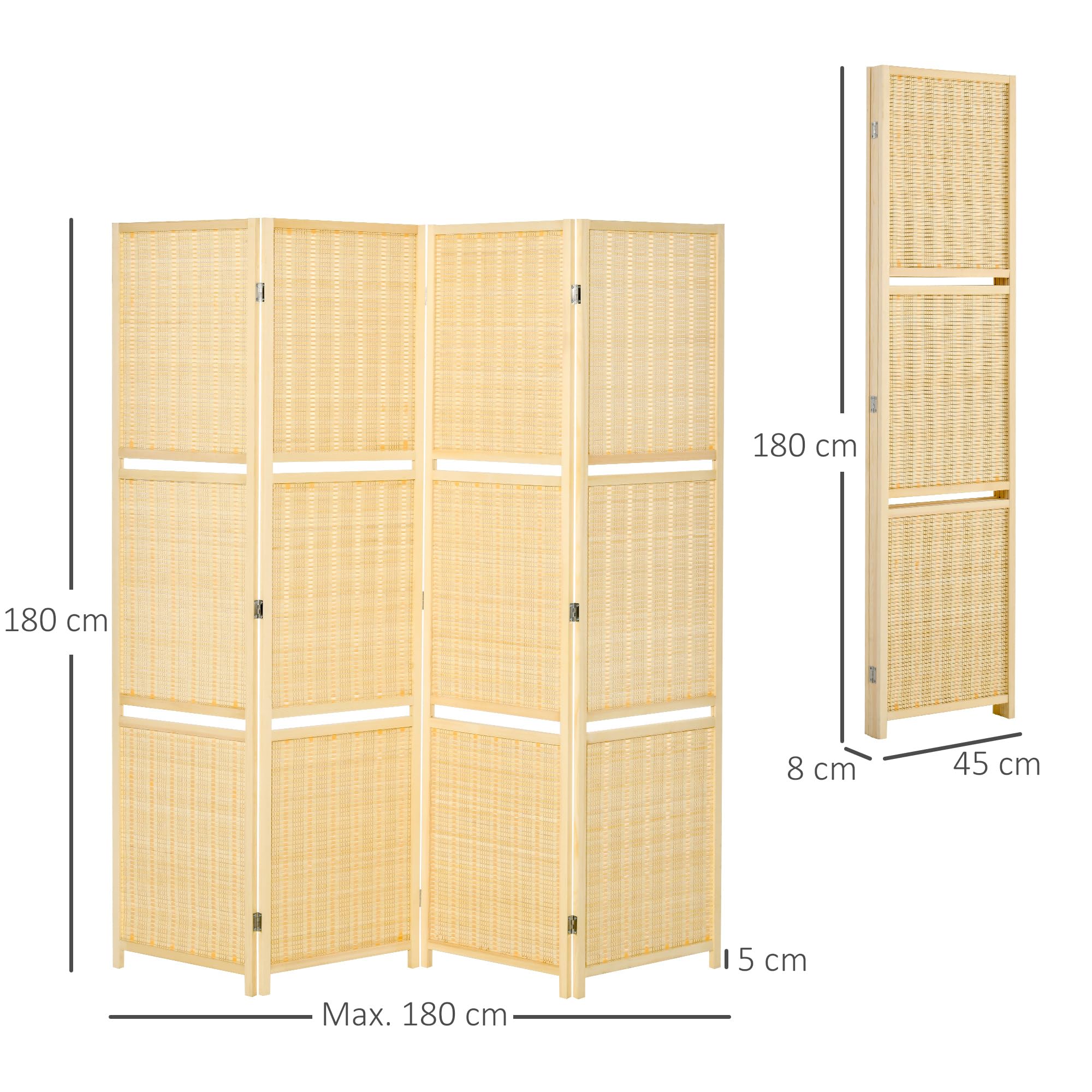 HOMCOM Biombo de 4 Piezas de Bambú Biombo Separador de Ambientes Plegable con 2 Estantes Extraíbles Divisor de Habitaciones Dormitorio 180x180 cm Natural
