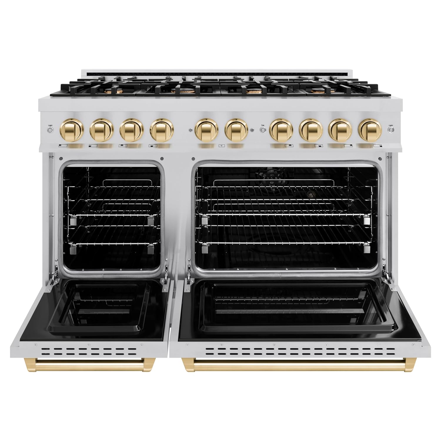 ZLINE Autograph Edition 48 in. 6.7 cu. ft. Classic Double Oven Dual Fuel Range with 8 Burner Gas Cooktop in Stainless Steel and Polished Gold Accents (CDRZ-48-G)