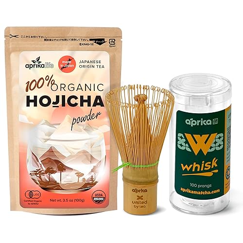 AprikaLife Hojicha Green Tea  MatchaHojicha Batidor - Té verde tostado japonés orgánico en polvo de 100 g35 oz y Chasen hecho a mano 100 puntas