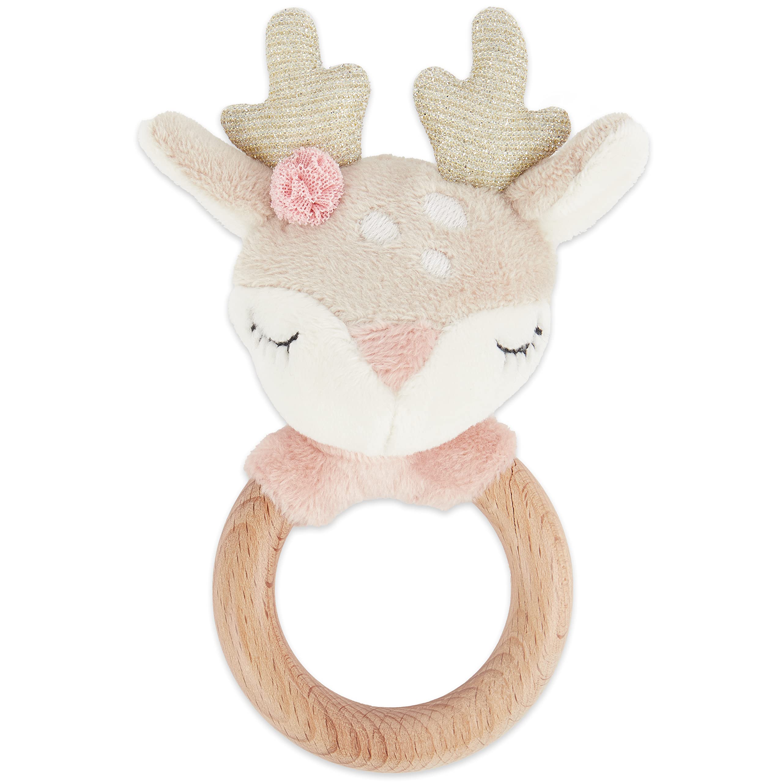 Bieco Sonaglio ad anello per neonati | Cervo Ø 10 cm | Lunghezza 17 cm | Sonaglio giocattolo con anello in legno | Giocattoli sensoriali | Giocattoli per bambini 0-6 mesi | Sonaglio in tessuto |