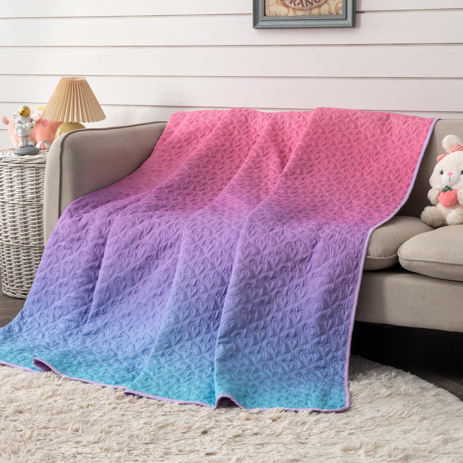DECMAY Colcha Cama 90, Colcha Cama de 150x200cm, Manta de Rosa Violeta con Corazones, Colcha de sofá Suave y Cómoda para Niños, Niñas, Adolescentes