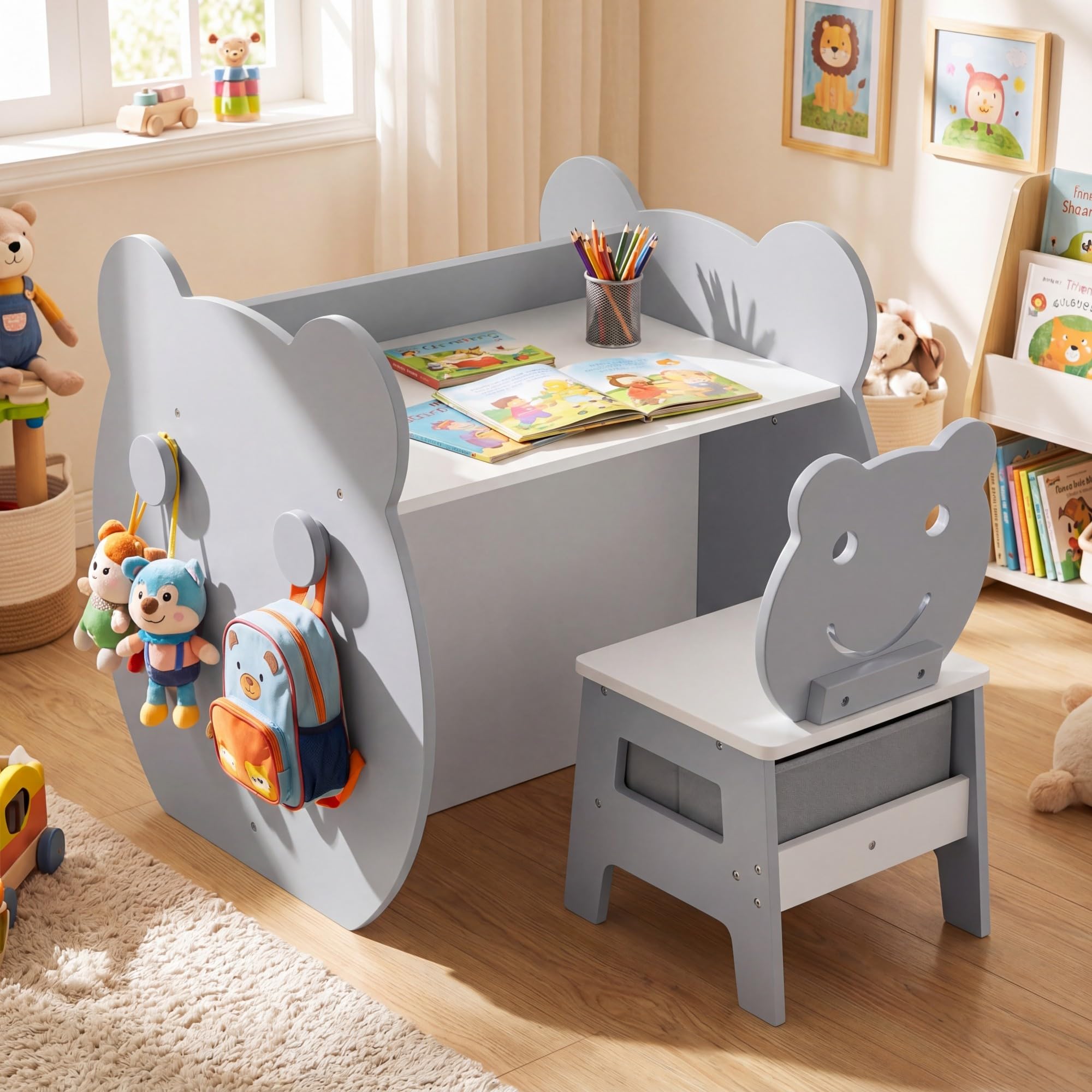 GOPLUS 3 en 1 Mesa y Silla Infantil, Pupitre de Actividades para Niños de 3-10 Años con Pizarra Negra y Blanca Reversible, Estante, Ganchos y Cajón, Mesa de Arte para Estudiar y Dibujar (Gris)