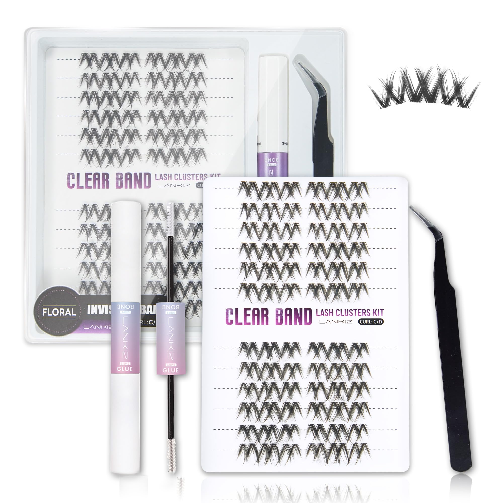 Lash Clusters Kit – LANKIZ Wispy & Fluffy Natural Eyelash Extensions, Invisible Band Individual Lashes Clusters, C+D Curl DIY Lash Extension Kit with Bond & Seal Glue for Beginners (Floral)