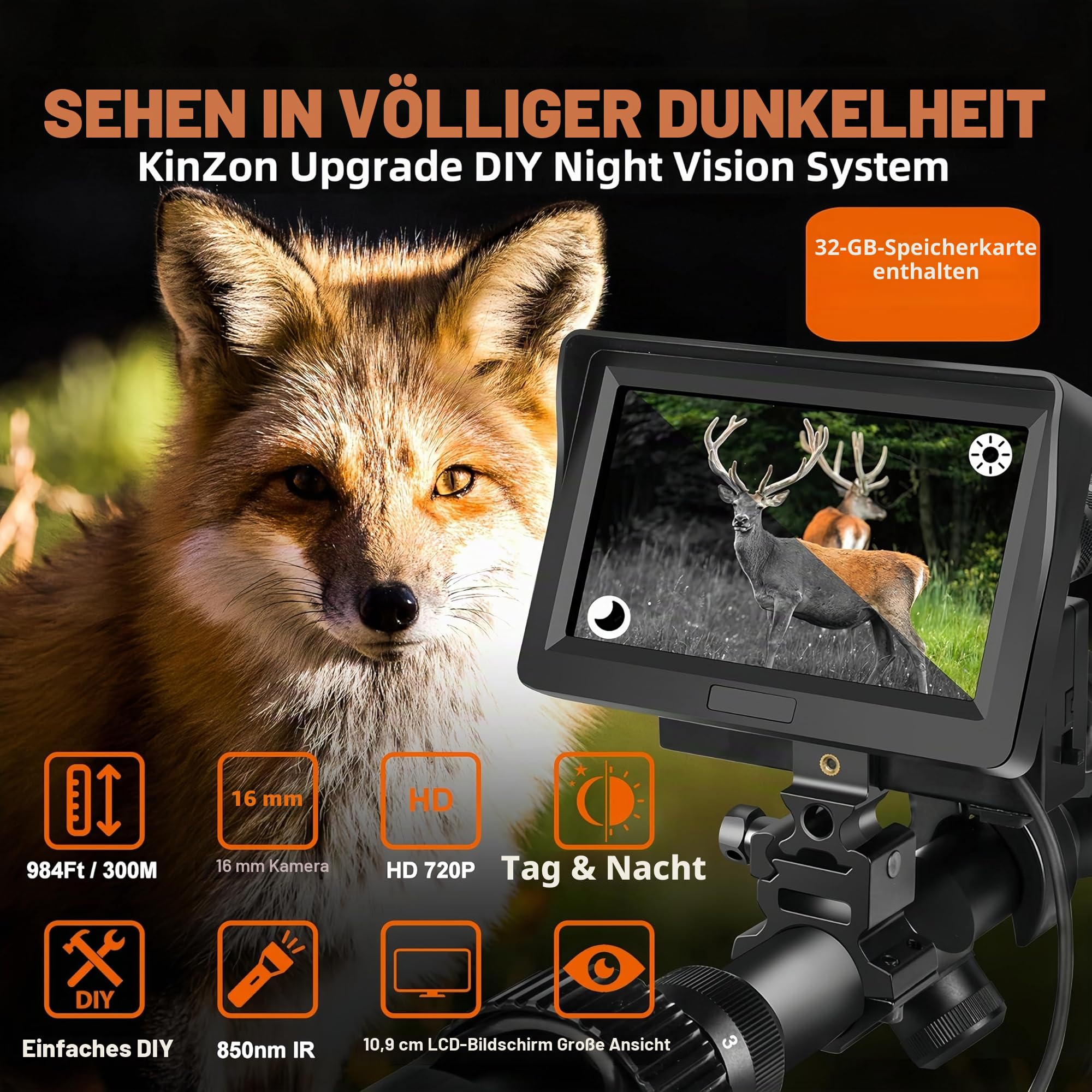 KinZon HD-Nachtsichtbrille für die Jagd, professionell, SD-Karte 32 G im Lieferumfang enthalten, Infrarot HD 720P mit 4,3 Zoll Bildschirm.