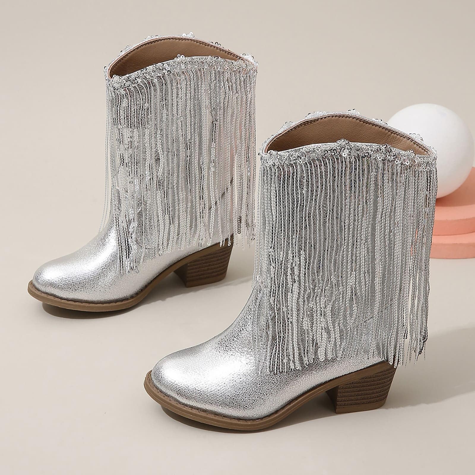 Botas Vaqueras Occidentales De Cuero De Color Sólido para Niñas Botas con Borlas Informales para Otoño E Invierno