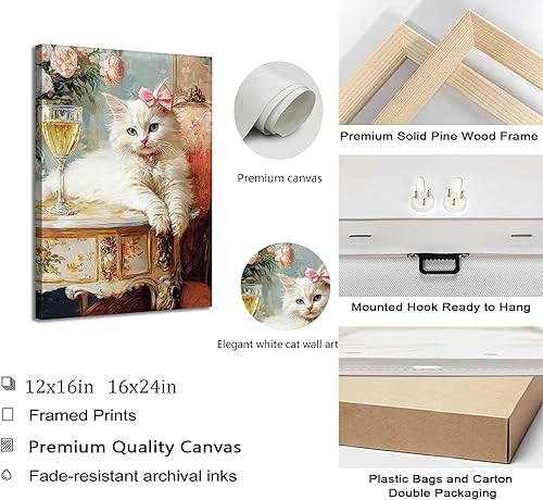 Miniatura 5 de Elegante lienzo vintage para pared, diseño de gato blanco caprichoso, divertido y retro, cuadro de carrito de bar, pintura ecléctica de animales,