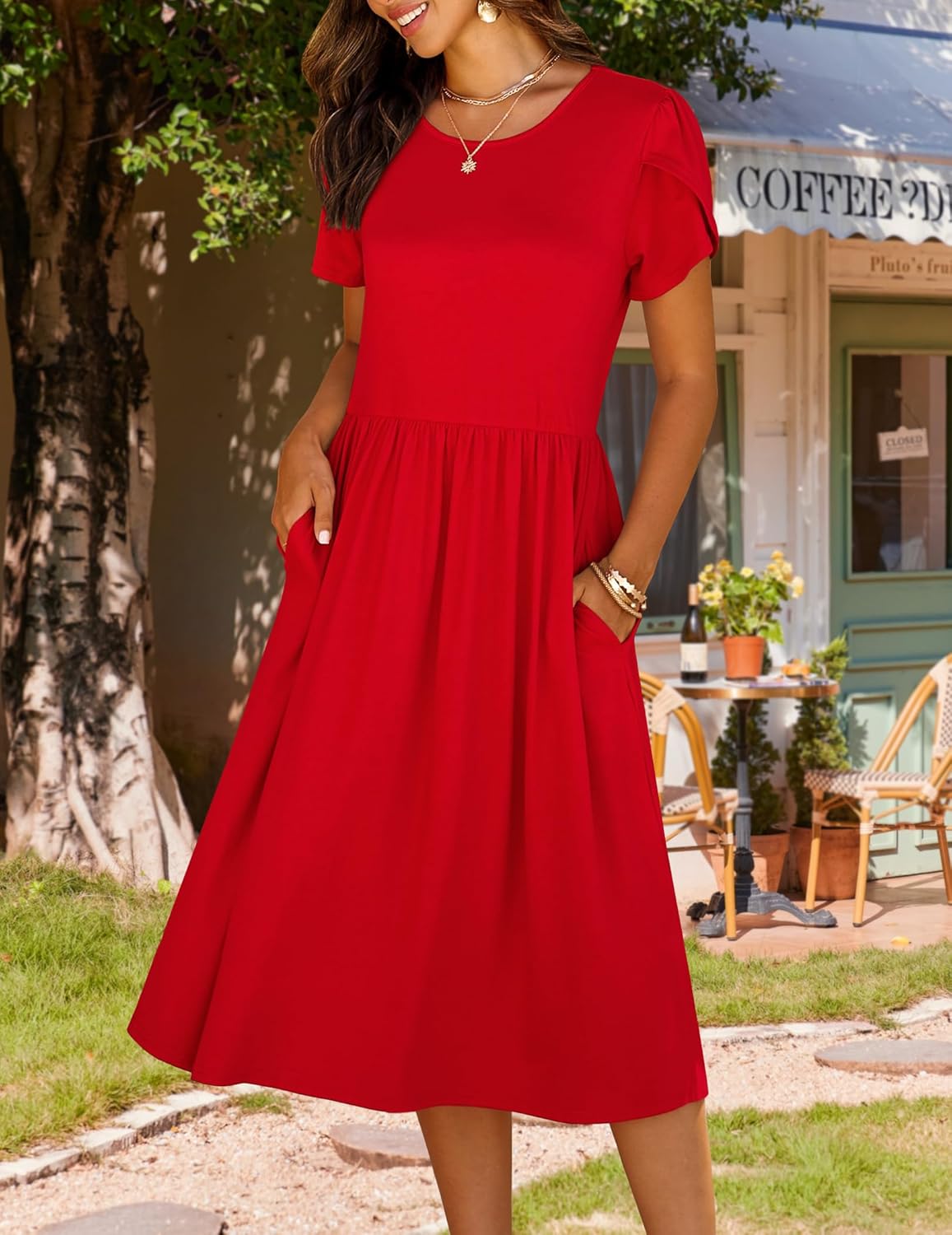 HOTOUCH Women's Summer A-Line Midi Dresses 2026 Casual Floral Short Sleeve T-Shirt Dress Flowy Beach Sundress with Pockets - Image 2