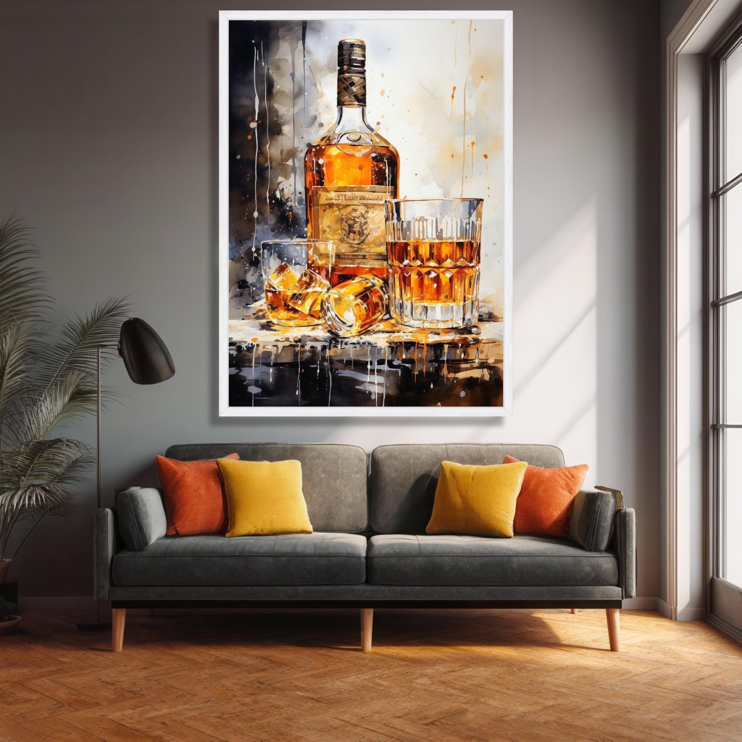 XINBAO Lienzo decorativo de botella de whisky y vasos, decoración de bar, bodegón de whisky, lienzo para bar, obra de arte (80 x 110 cm/marco interior)