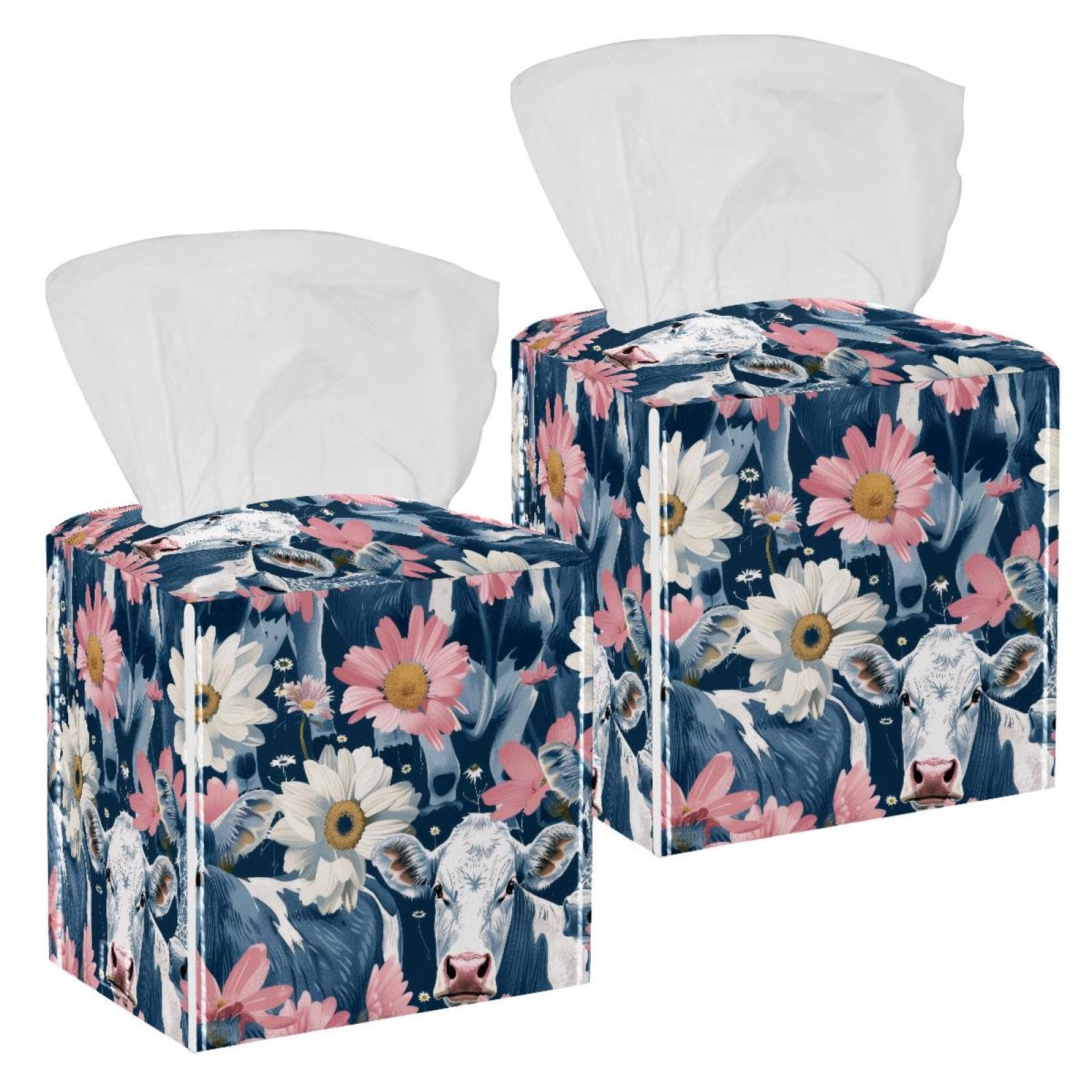 Flowers Cows Tissue Box Cover, 2 Pack PU Leather Square Facial Tissue Dispenser Box holder for Home Office Car