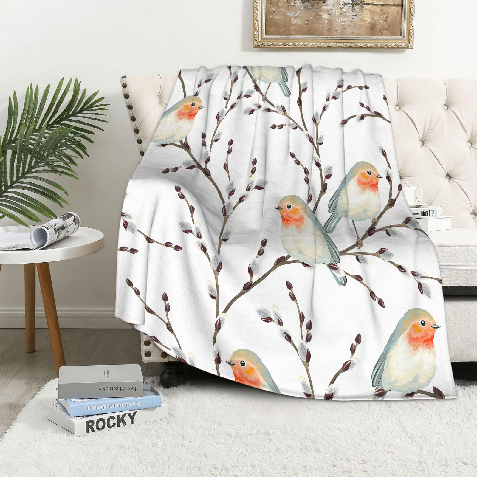 MAAPCHP Flannel Fleece Blanket Throws for Sofa Fluffy Blanket Bed Throw for Bedroom Seamless pattern of Willow branches and birds Robin vector illustration on white Blanket for Bed, Couch,Car 50x60in