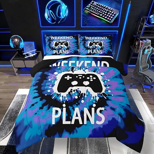 Erosebridal Juego de edredón para videojuegos de tamaño Queen, edredón de plumón en espiral de teñido anudado, acolchado de microfibra suave de