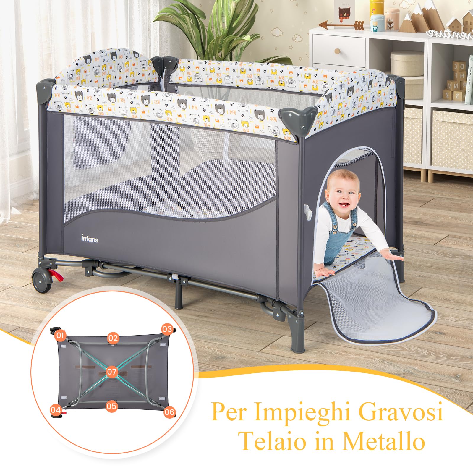 RELAX4LIFE 5 in 1 Lettino Neonato, Lettino da Campeggio con Fasciatoio e Cintura di Fissaggio, Altezza Regolabile in 4 Livelli, Adatto a Bambini 0-36 Mesi, 110 x 76 x 82,5cm (Beige)