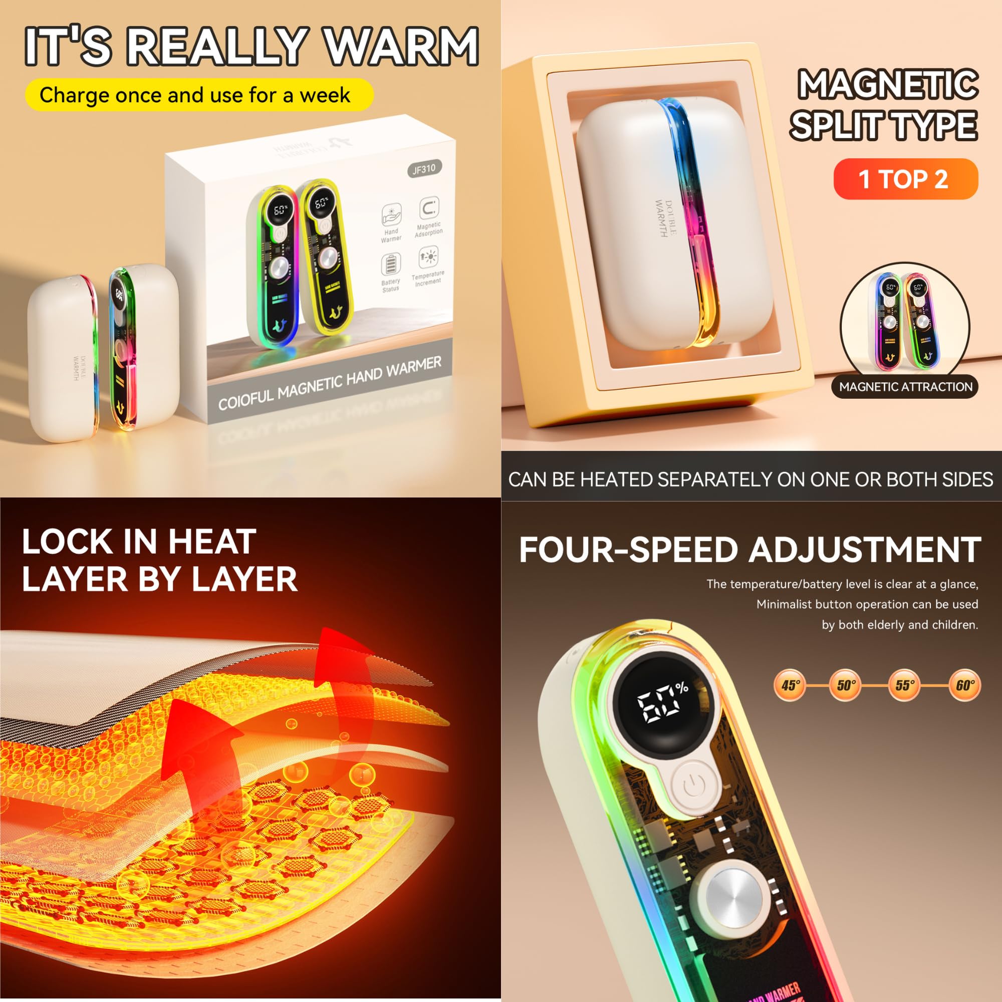 Chauffe-mains rechargeable avec fixation magnétique, 6000 mAh, chauffage double face, 3 réglages (45 °C à 60 °C), charge rapide, design transparent, cadeaux pour Noël, chasse, camping, vert