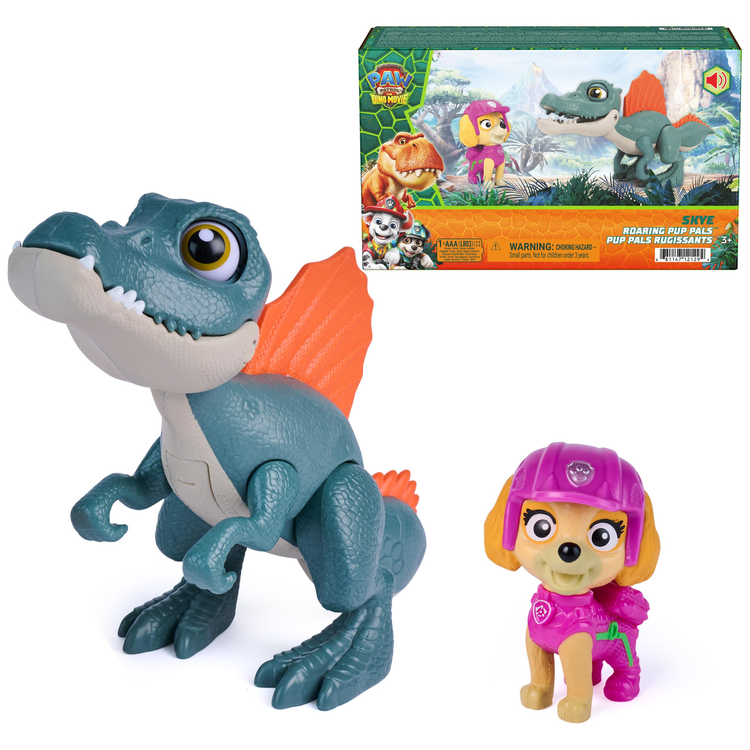 The Dino Movie Skye Roaring Pup Pals Action Figures | 5-Inch Sound Activated Spinosaurus Toy, Blinking Eyes, Snapping Jaws, Skye Figure, Kids Toys for Boys & Girls Ages 3+