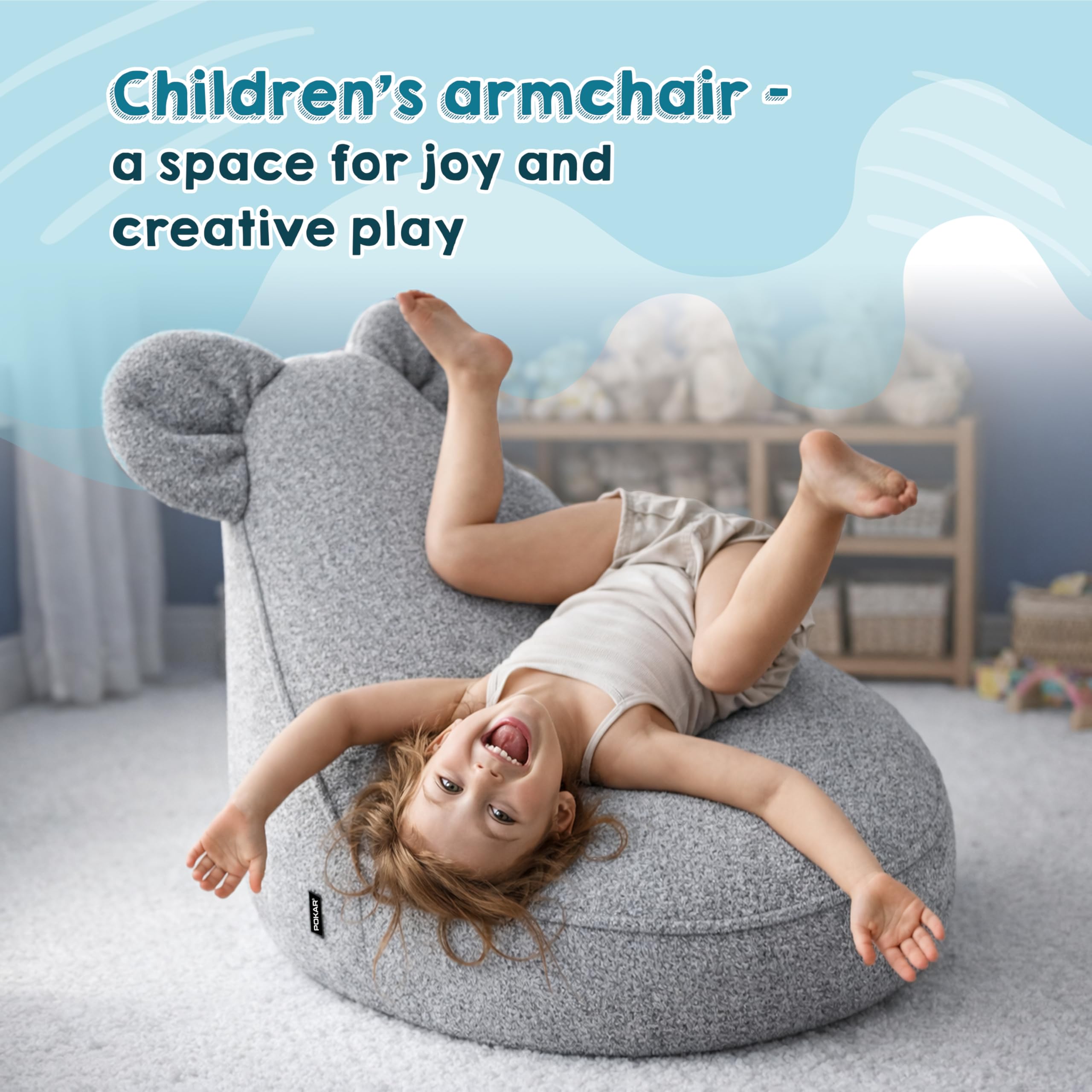 POKAR Pouf Bambini con Orecchie di Topo 68x68x50 cm | Poltroncina Sacco in Tessuto Bouclé e Imbottitura Schiuma PU | Sedia Montessori per Cameretta e Gioco | OEKO-TEX | Made in EU | Beige Accogliente