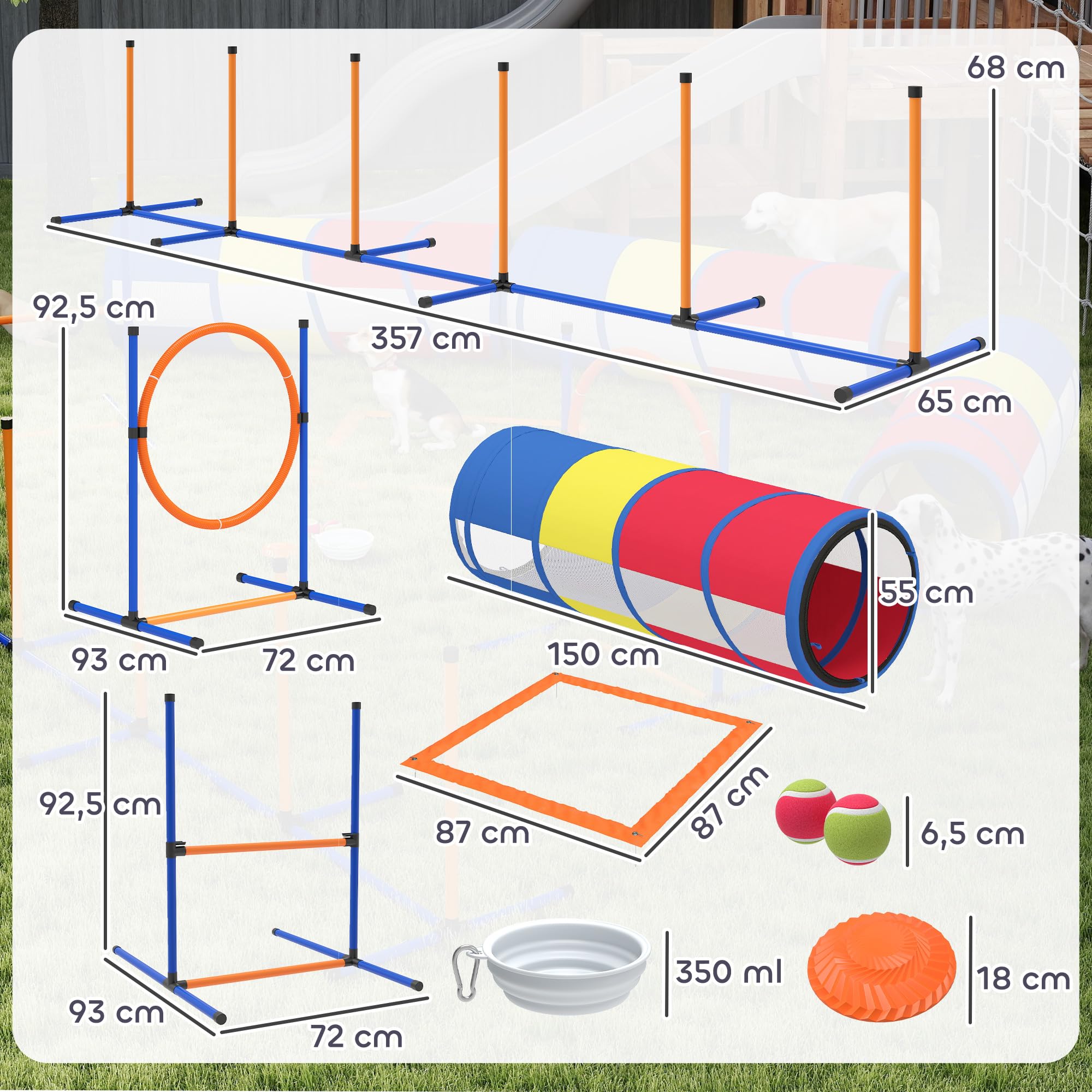 PawHut 12-częś. agility set, przeszkoda regul. i pierś. | Tor przeszk., Zest. ogrod., 4 tun., Słupki slal., Skrz. pauzy, Torb. smakoł., Miska, Torb. przen., Uż. wewn./zewn.