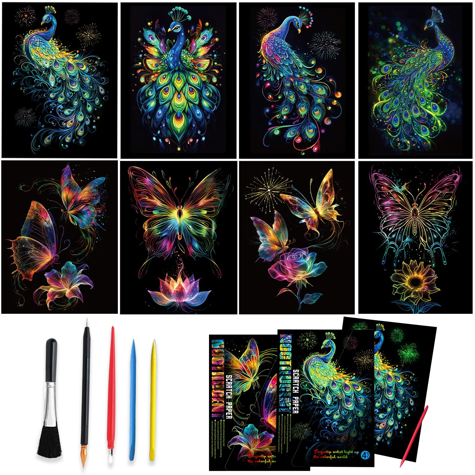 Scratch Art Adult 8 Sheets Rainbow Scratch Art DIY Craft Gift 5 Paint by Scratch Tools （ Butterfly & Peacock）