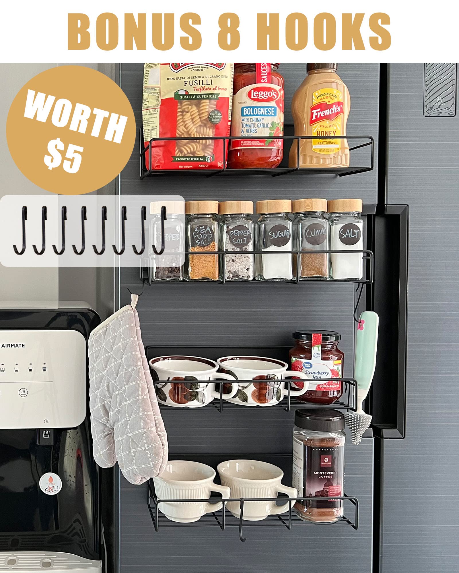 Lunememo Magnetic Spice Rack for Refrigerator, 4 Pack Magnetic Fridge Shelf with 8 Hooks, Strong Magnet & No Drilling, Black