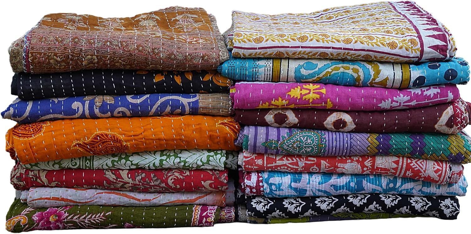 Indian Vintage Quilt for Sale Blanket Throw Ralli Kantha Quilt Bedcover, Reversible Bedspread Gudri, Assorted Color (Pack of 10)