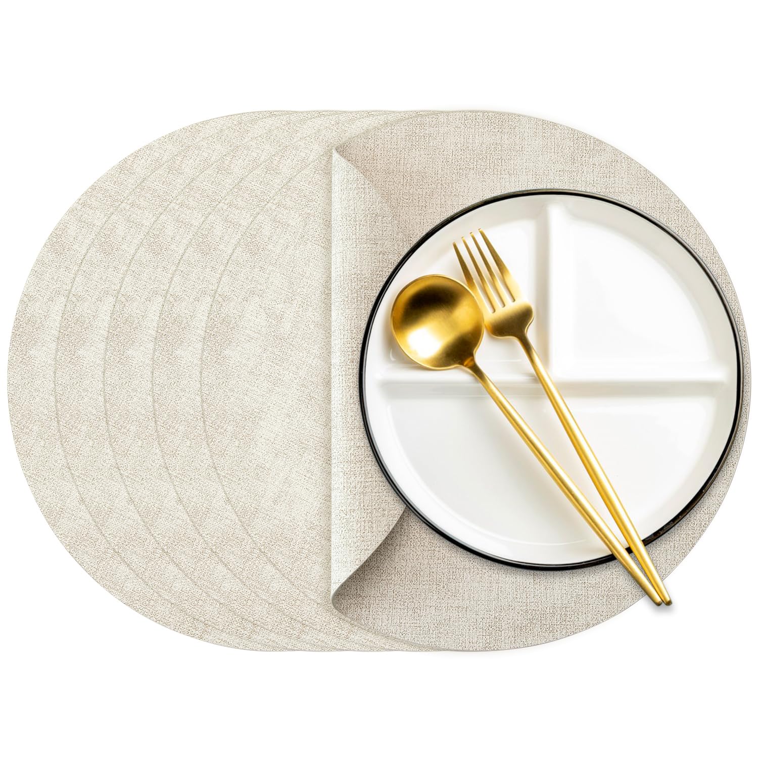 Round Leather Placemats Set of 6 for Dining Table Washable Place Mats Non-Slip Kitchen Table Mats, Beige