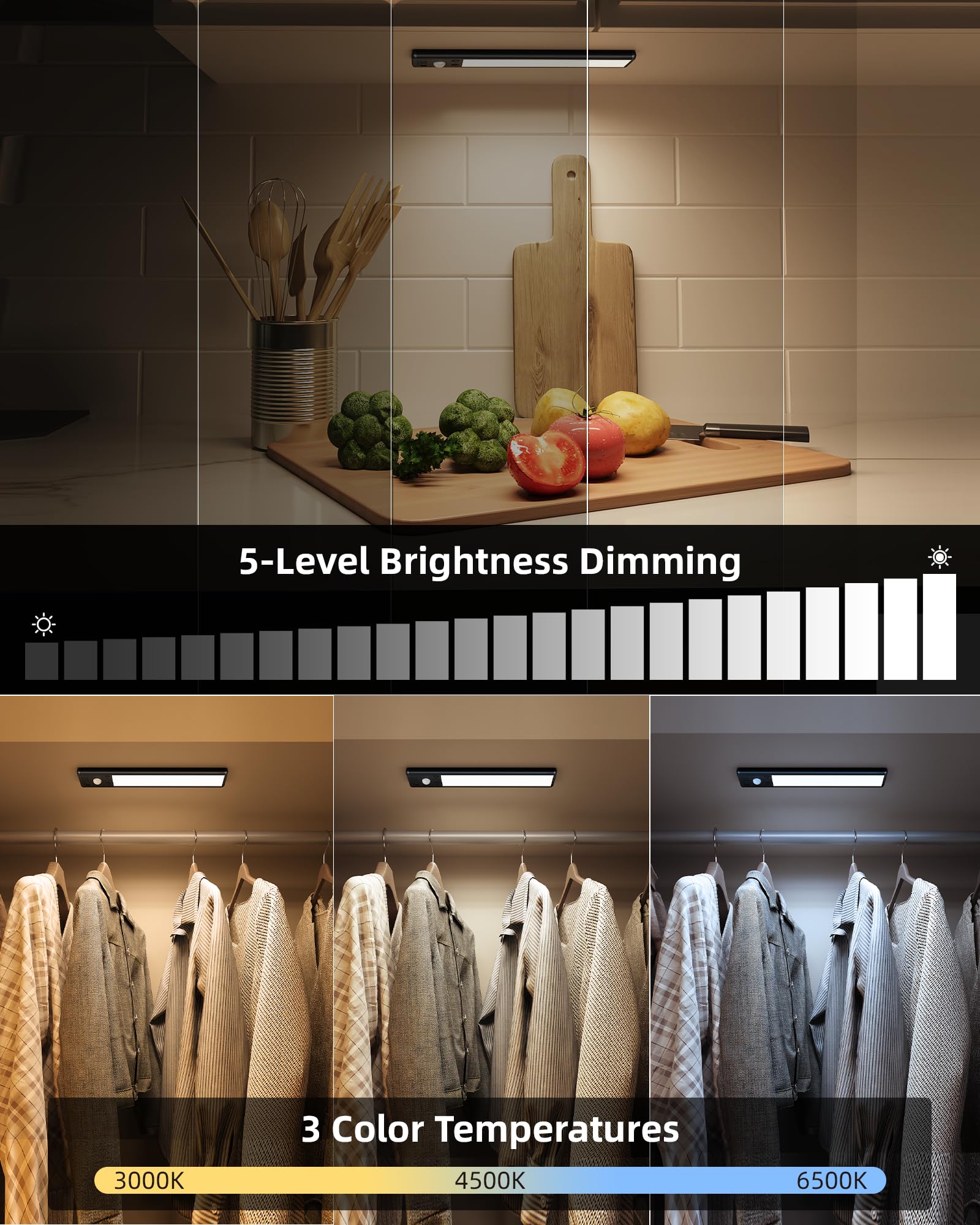 EZVALO Oświetlenie szafki LED 20 cm, 62 diody LED, bezprzewodowe, z czujnikiem ruchu, 2400 mAh, ładowane, 3 tryby kolorów, możliwość ściemniania, oświetlenie szafy, kuchni, czarne (2 sztuki)