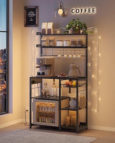 Miniatura 57 de VASAGLE Estante para panadero, soporte para microondas, estante de almacenamiento de cocina con cesta de alambre, 6 ganchos y estantes, para Marrón