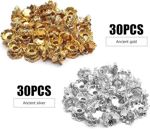 Miniatura 3 de Aylifu Tapas de cuentas, 60 cuentas de doble extremo, tapas espaciadoras de cuentas de flores, tapas de aleación antigua, cuentas de joyería para