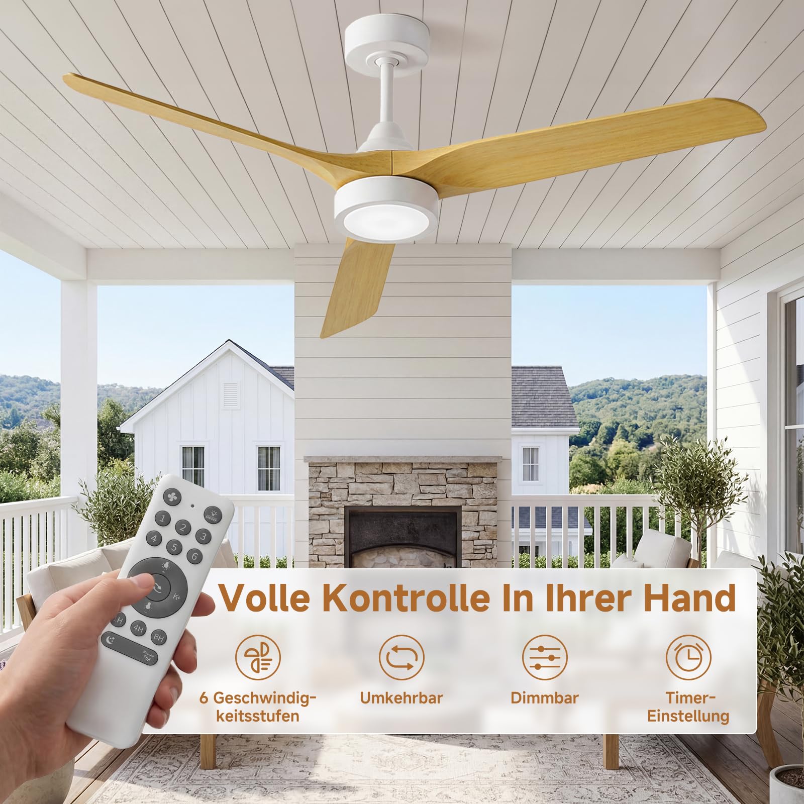 Ateroll 132 cm Deckenventilator mit Beleuchtung und Fernbedienung, DC-Motor, 6 Geschwindigkeiten, Timer, dimmbares LED, Sommer-Winterbetrieb
