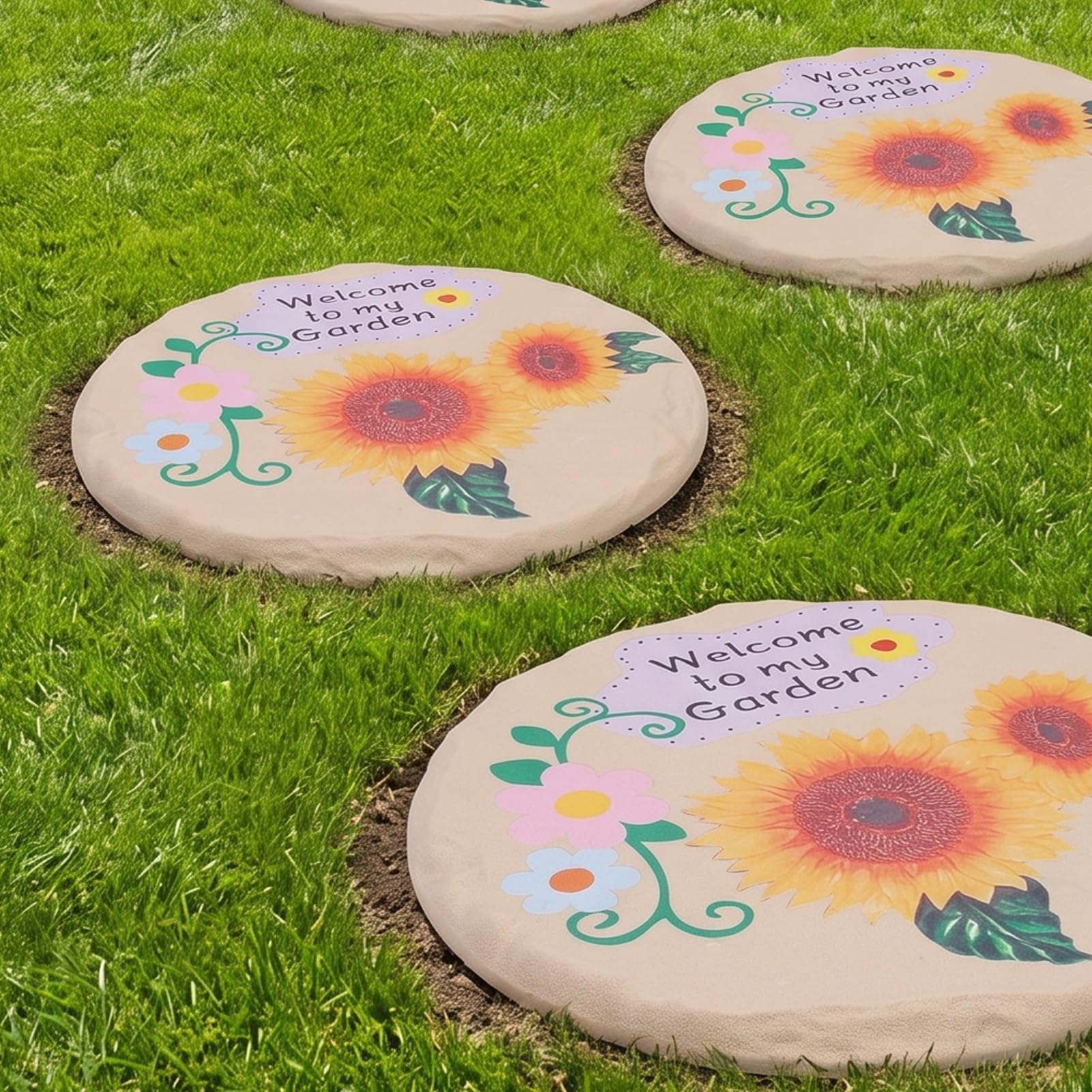 Luocute Dalles en Résine pour Jardin, Pas Japonais Ronds avec Piquets de Fixation, 4 Pièces étanches pour Pelouse Terrasse Allée, Installation Facile (Style de Petite Fleur de Tournesol)
