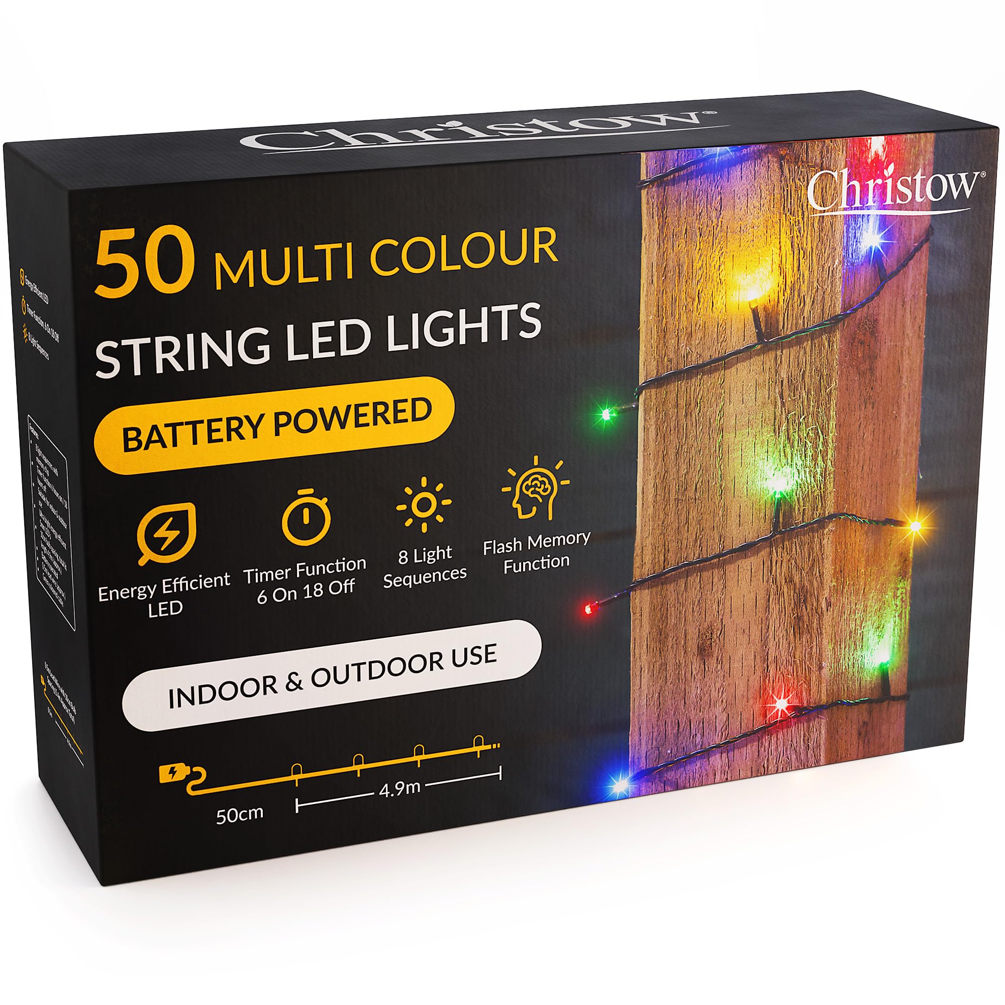 CHRISTOW Christmas Fairy Lights Battery Operated, Multi-Coloured LED String Lighting with Timer, Indoor & Outdoor, 8 Light Modes Flashing & Static, Green Cable (50 LED / 5m Lit Length)