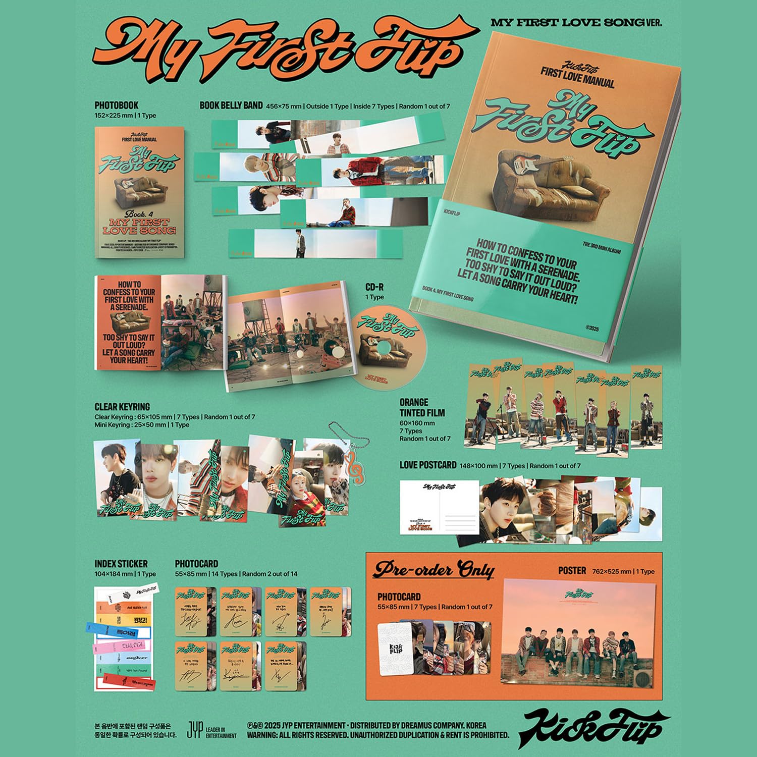 KickFlip - [My First Flip] (MY FIRST LOVE SONG Ver.) Photobook R + Orange Tinted Film + Clear Keyring + Love Postcard + Index Sticker + Photocard + Gift
