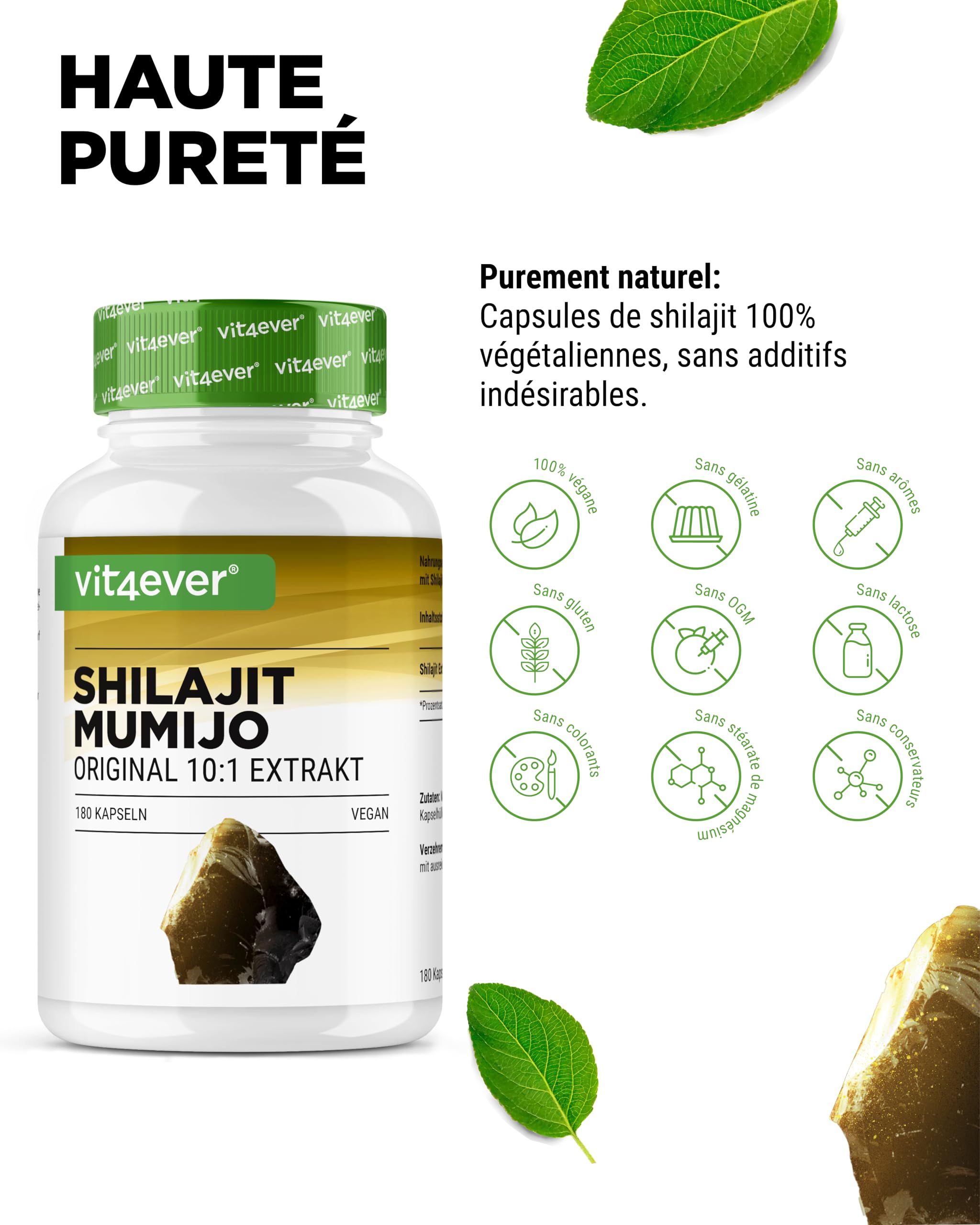 Mumijo Shilajit -180 capsules - Hautement Dosé avec 1500 mg par Portion Journalière - Extrait 10:1 - Sans Additifs Indésirables - Vegan
