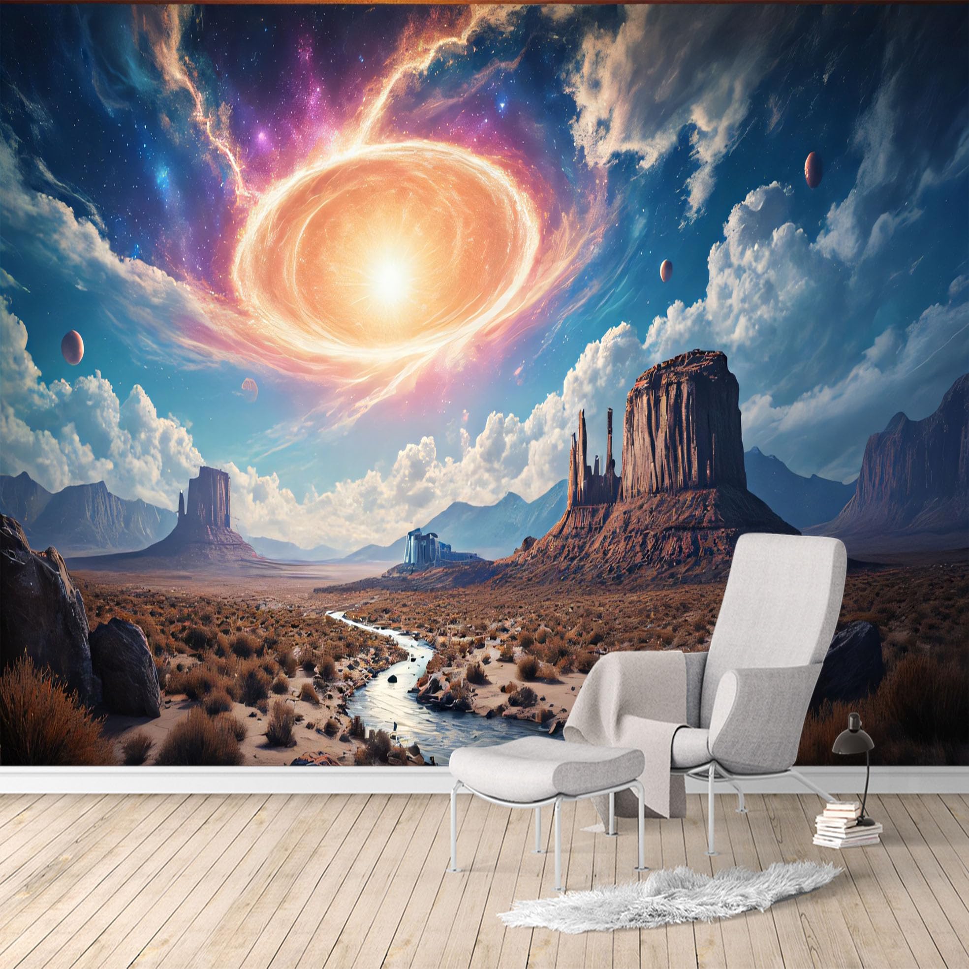 Custom Size Wall Murals, Surreal Desert Buttes & Cosmic Sky Scene, Removable Self Adhesive Large Wallpaper Mural for Living Room Bedroom Office Home Decor