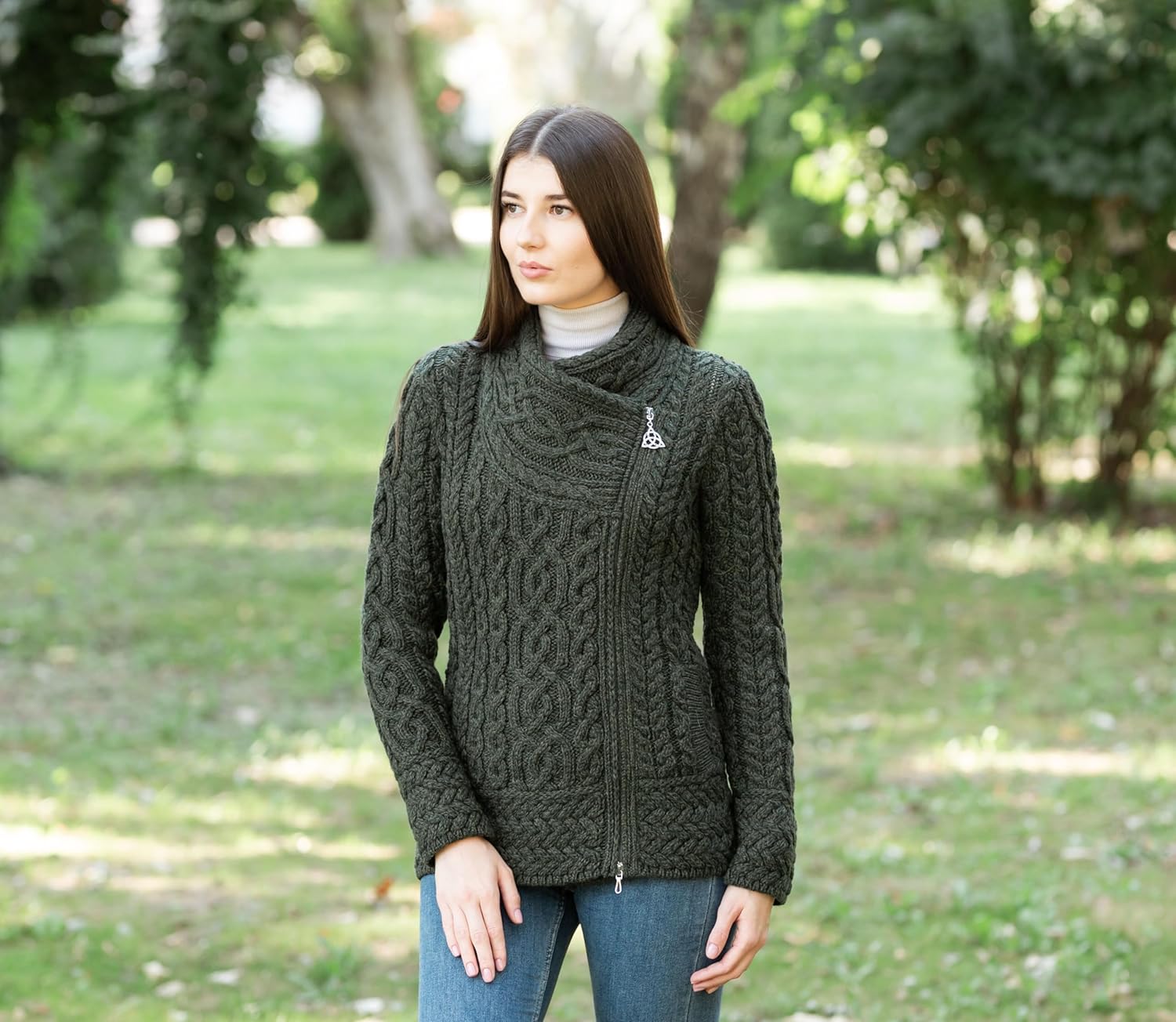 SAOL Irish Cardigan for Women Made of 100% Merino Wool Ireland Sweater Cable Knit Zip Jacket - Image 6