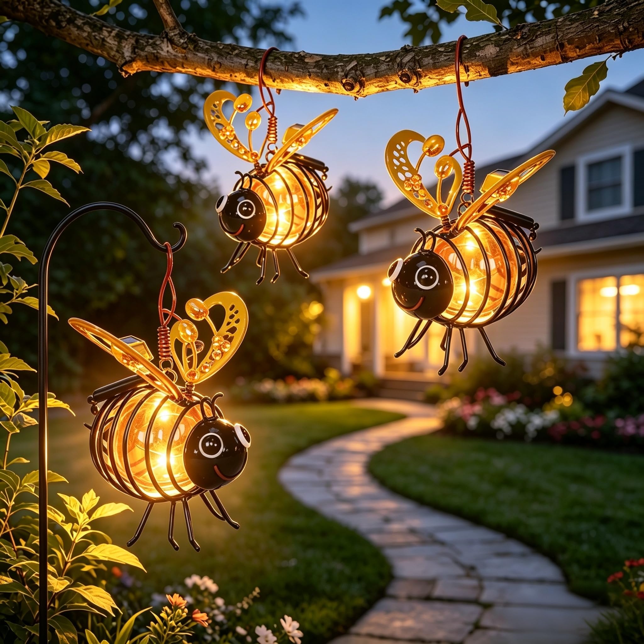 3Pcs Hanging Bee Solar Lights, Outdoor Garden Solar Powered Lantern(Yellow)