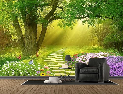 Miniatura 4 de Papel tapiz para dormitorio, sala de estar y fondo de TV, diseño de bosque con flores y sendero (no es autoadhesivo)
