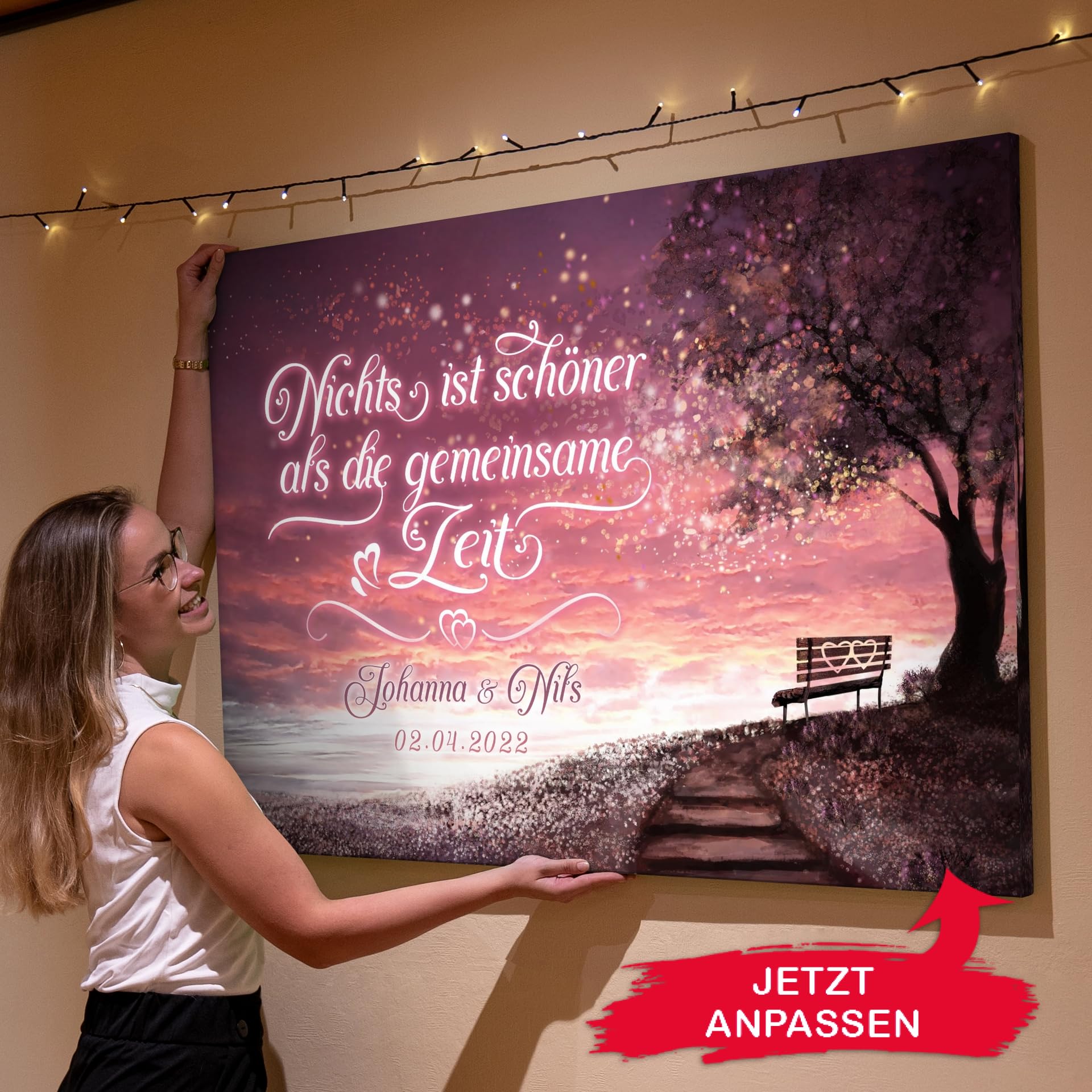 Liebesleinwand Romantischer Ausblick | Leinwand mit Namen und Datum | Wandbild gestalten, Jahrestag Geschenk für Frauen und Männer