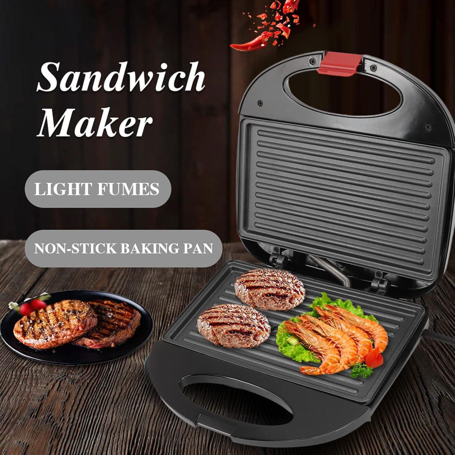 Topyond Sandwich Maker, Non-Stick Coated Plates, Waffle Panini Press Grill, Double Sided Indoor Grill, Indicator Lights, Cool Touch Handle, for Cooking Breakfast, 750W, Black