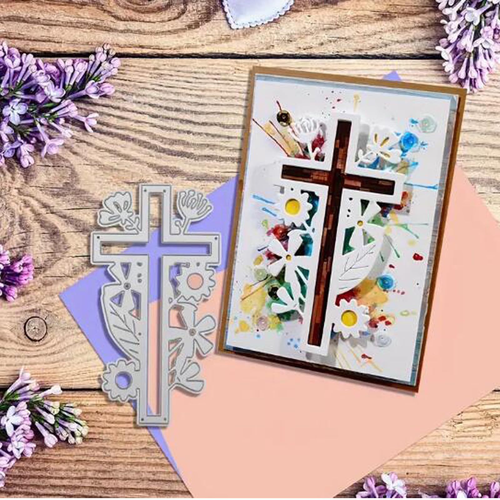 Fustelle in metallo a forma di croce con fiori pasquali, scritte in lingua inglese Happy Easter, per realizzare biglietti, stencil per goffratura