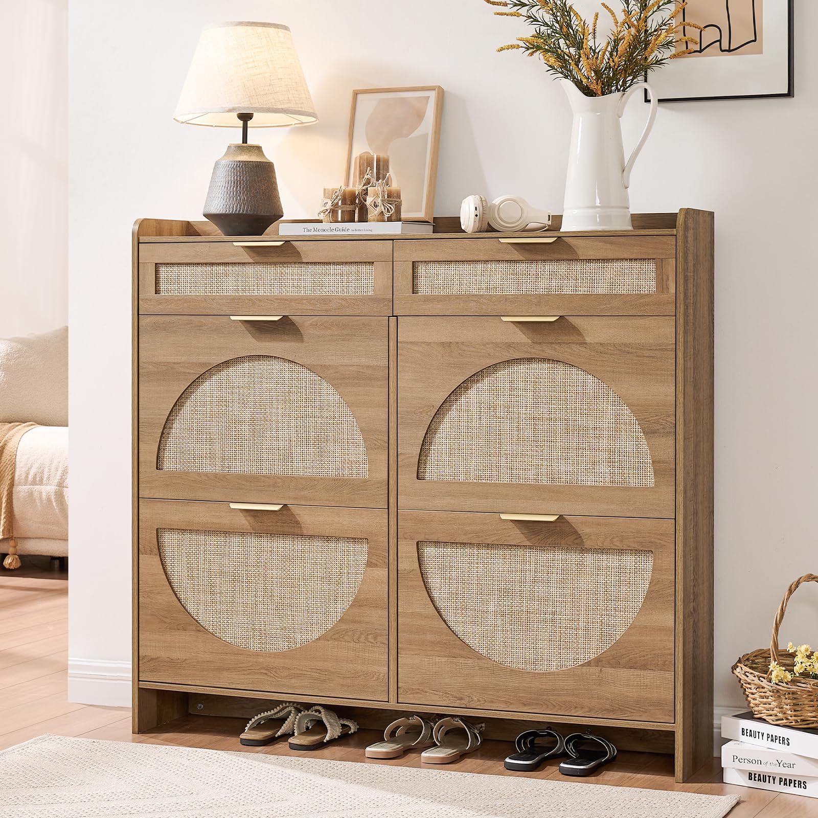WINWY Rattan Shoe Storage Cabinet with 4 Flip Drawers & 2 Drawers