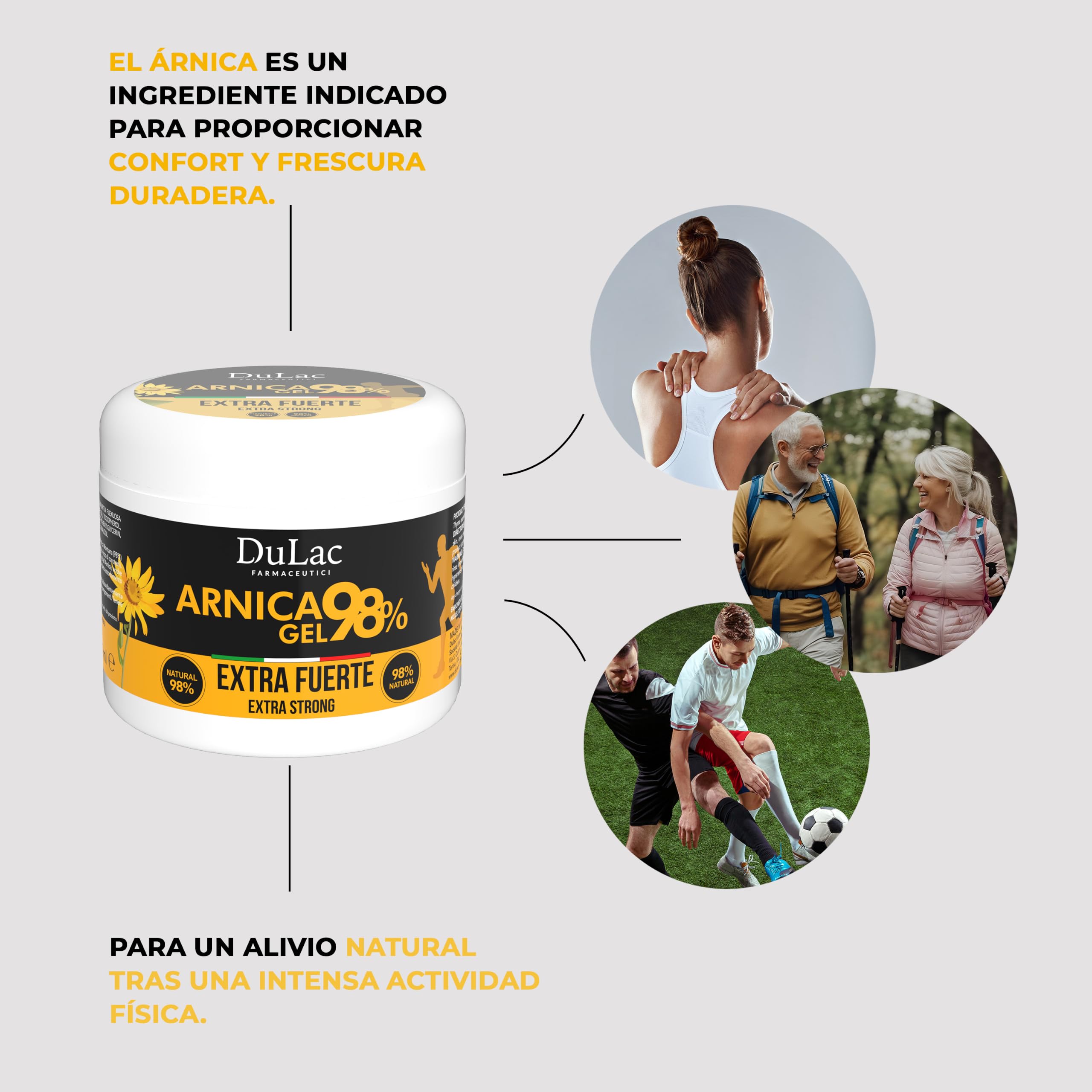 Dulac – Arnica Gel Fuerte 98%, Efecto Refrescante, 500 ml, Para Masajes en Músculos y Articulaciones Fatigados, También Util para la zona cervical, con Mentol y Aceite de Buriti, Made in Italy
