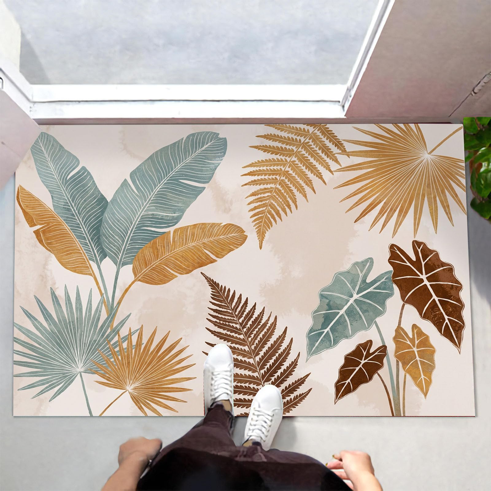 Zerbino Ingresso Interno Foglie Boeme, Zerbino Di Benvenuto Lavabile Morbida Piante Tropicali Semplici, Antiscivolo Tappeto Da Decorazioni Beige Per Casa Porta, 60X90Cm